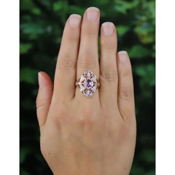 10k Yellow Gold and White Gold Natural Amethyst Ring Filigree Flower Size 7 - Picture 2 of 8